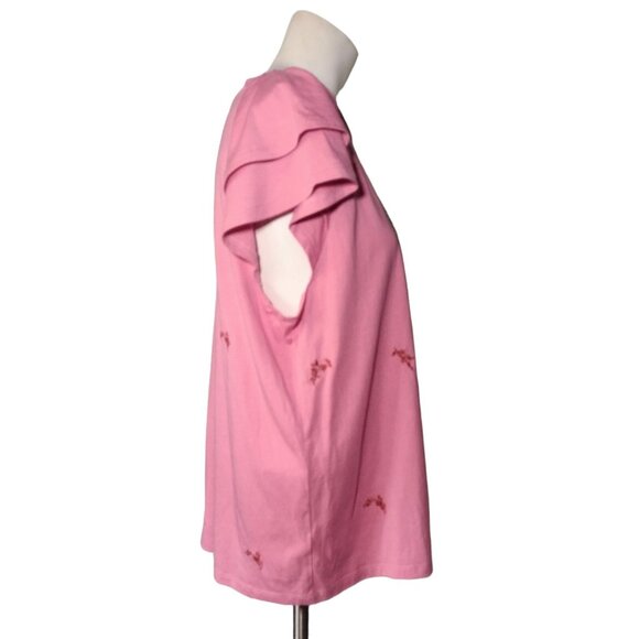 Ann Taylor Embroidered Knit Top Size L Floral Flutter Sleeves Feminine Salmon - Picture 3 of 7